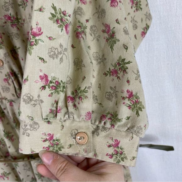 Reo Vintage Green Khaki Floral Half Button Down Dress Belt Pockets 14 - Picture 6 of 14